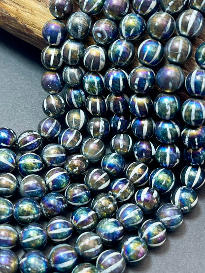 Mystic hand painted Tibetan Onyx 8mm 10mm round bead. Beautiful black rainbow hand painted design. Unique looking gemstone. Full strand 15"