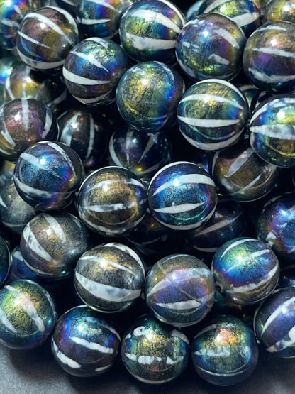 Mystic hand painted Tibetan Onyx 8mm 10mm round bead. Beautiful black rainbow hand painted design. Unique looking gemstone. Full strand 15"