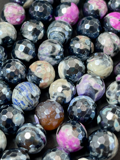 Mystic Natural Tibetan Agate Gemstone Bead Faceted 8mm 10mm Round Beads, Beautiful Mystic Multicolor Agate Stone Beads, Full Strand 15.5"