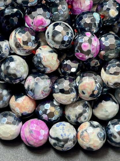 Mystic Natural Tibetan Agate Gemstone Bead Faceted 8mm 10mm Round Beads, Beautiful Mystic Multicolor Agate Stone Beads, Full Strand 15.5"