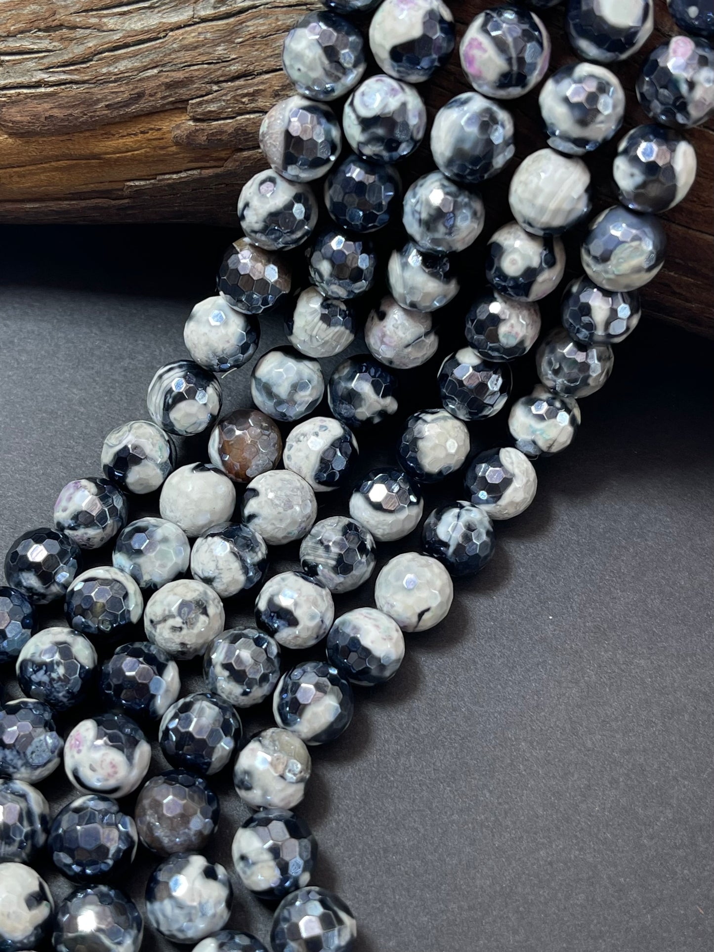 Mystic Natural Tibetan Agate Gemstone Bead Faceted 8mm 10mm Round Beads, Beautiful Mystic White Black Agate Stone Beads, Full Strand 15.5"