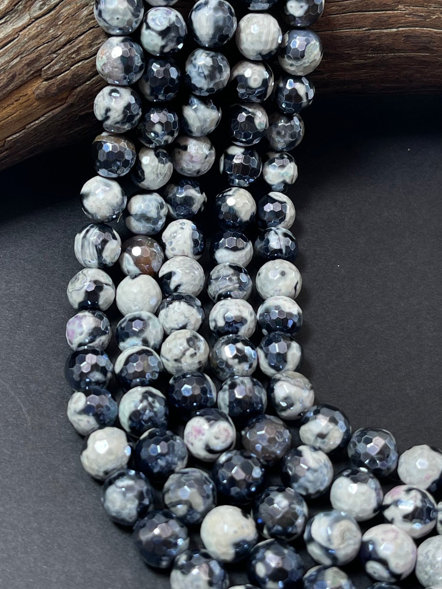 Mystic Natural Tibetan Agate Gemstone Bead Faceted 8mm 10mm Round Beads, Beautiful Mystic White Black Agate Stone Beads, Full Strand 15.5"