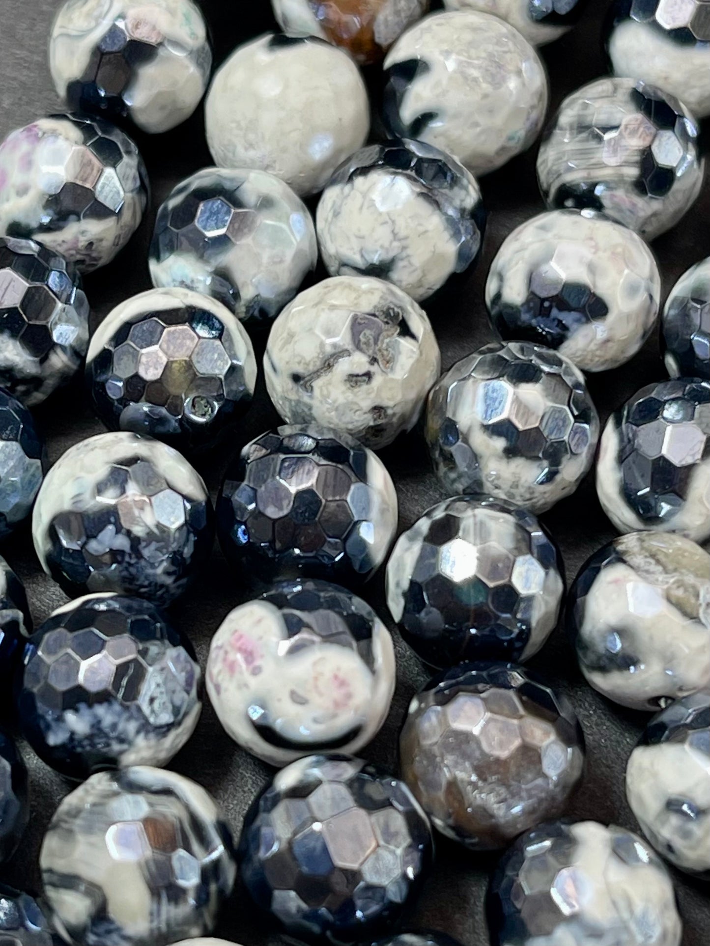 Mystic Natural Tibetan Agate Gemstone Bead Faceted 8mm 10mm Round Beads, Beautiful Mystic White Black Agate Stone Beads, Full Strand 15.5"