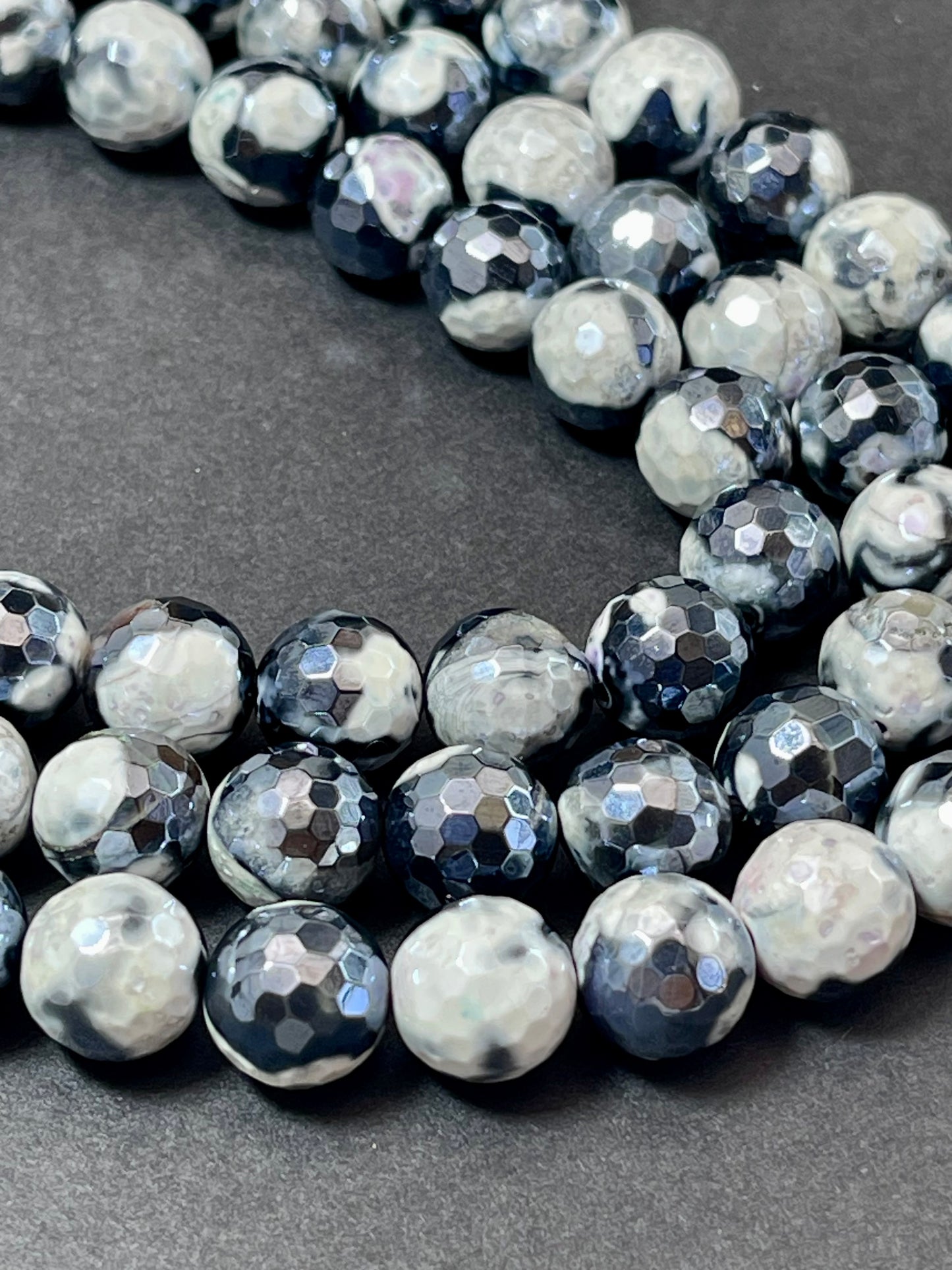 Mystic Natural Tibetan Agate Gemstone Bead Faceted 8mm 10mm Round Beads, Beautiful Mystic White Black Agate Stone Beads, Full Strand 15.5"