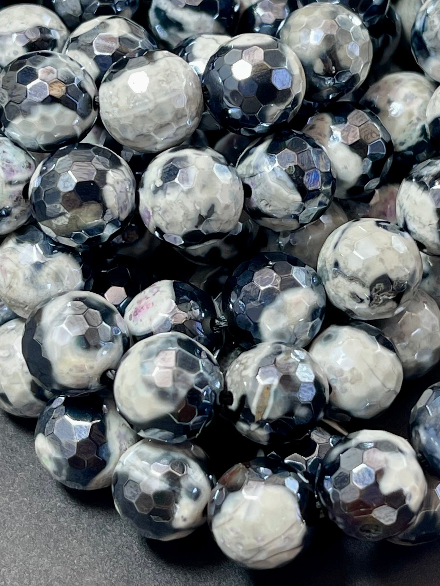 Mystic Natural Tibetan Agate Gemstone Bead Faceted 8mm 10mm Round Beads, Beautiful Mystic White Black Agate Stone Beads, Full Strand 15.5"