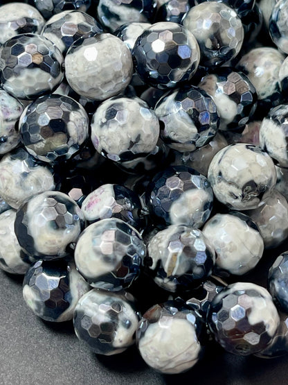 Mystic Natural Tibetan Agate Gemstone Bead Faceted 8mm 10mm Round Beads, Beautiful Mystic White Black Agate Stone Beads, Full Strand 15.5"