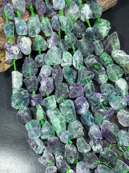 NATURAL Raw Fluorite Gemstone Bead 18x14mm to 36x29mm Freeform Nugget Shape, Beautiful Purple Green Color Loose Beads Full Strand 15.5"