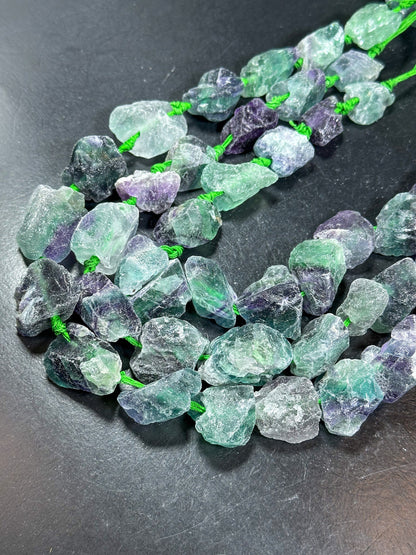 NATURAL Raw Fluorite Gemstone Bead 18x14mm to 36x29mm Freeform Nugget Shape, Beautiful Purple Green Color Loose Beads Full Strand 15.5"