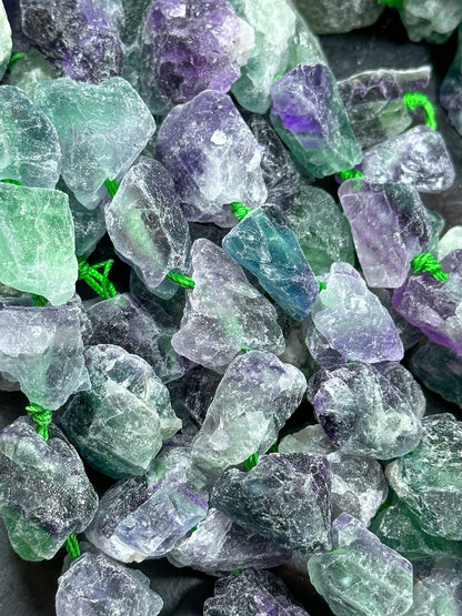 NATURAL Raw Fluorite Gemstone Bead 18x14mm to 36x29mm Freeform Nugget Shape, Beautiful Purple Green Color Loose Beads Full Strand 15.5"