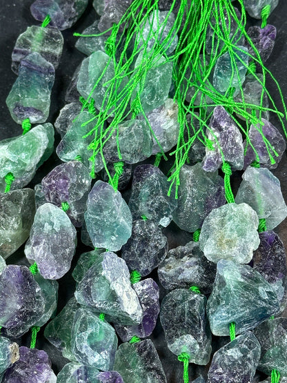 NATURAL Raw Fluorite Gemstone Bead 18x14mm to 36x29mm Freeform Nugget Shape, Beautiful Purple Green Color Loose Beads Full Strand 15.5"