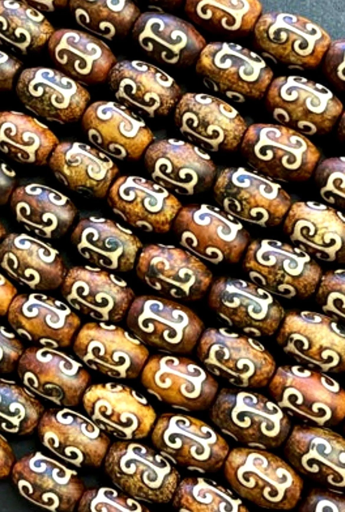 Natural Tibetan Gemstone Bead 7x12mm Tube Shape Bead, Brown Hand Painted Tibetan Gemstone Bead 15.5"