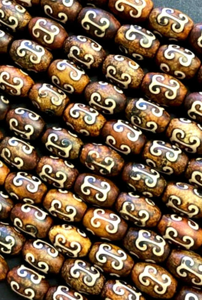 Natural Tibetan Gemstone Bead 7x12mm Tube Shape Bead, Brown Hand Painted Tibetan Gemstone Bead 15.5"