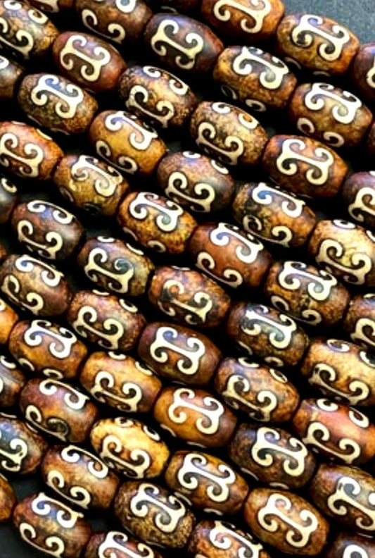 Natural Tibetan Gemstone Bead 7x12mm Tube Shape Bead, Brown Hand Painted Tibetan Gemstone Bead 15.5"