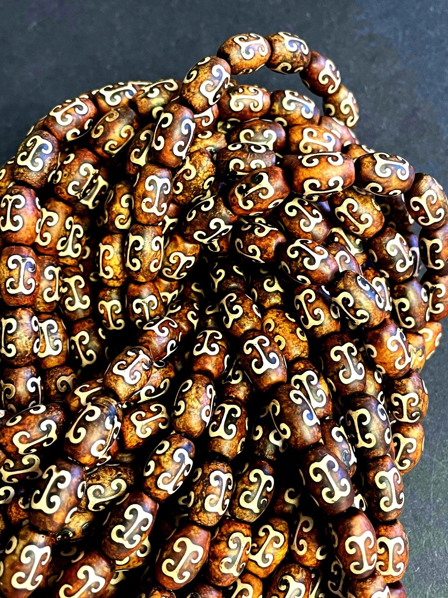 Natural Tibetan Gemstone Bead 7x12mm Tube Shape Bead, Brown Hand Painted Tibetan Gemstone Bead 15.5"