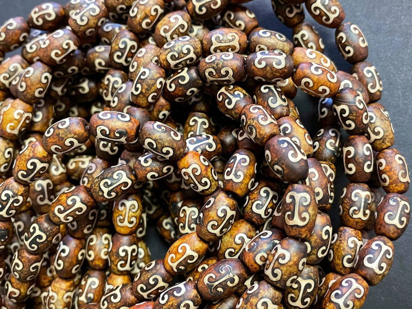 Natural Tibetan Gemstone Bead 7x12mm Tube Shape Bead, Brown Hand Painted Tibetan Gemstone Bead 15.5"