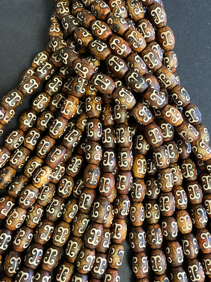 Natural Tibetan Gemstone Bead 7x12mm Tube Shape Bead, Brown Hand Painted Tibetan Gemstone Bead 15.5"