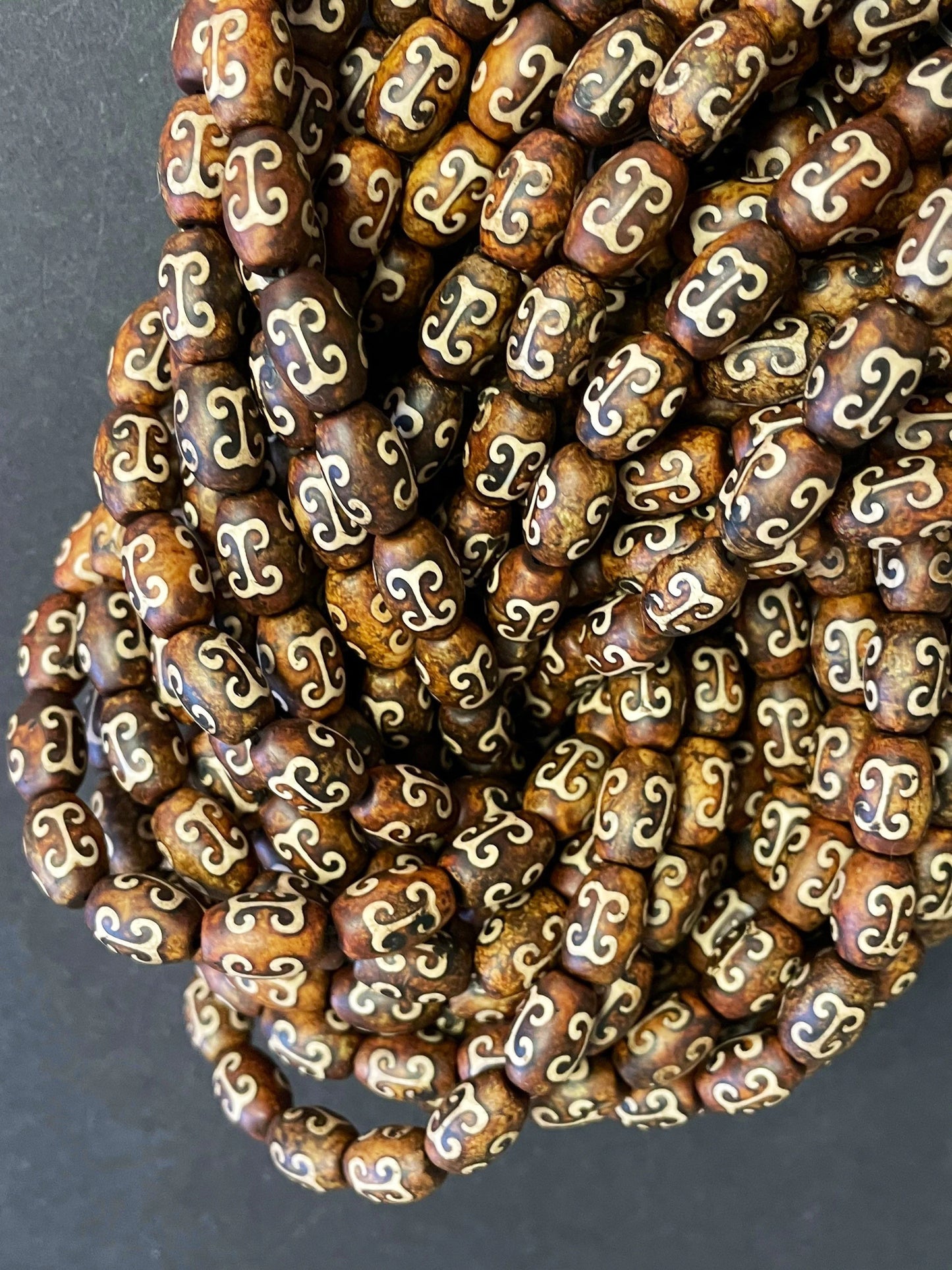 Natural Tibetan Gemstone Bead 7x12mm Tube Shape Bead, Brown Hand Painted Tibetan Gemstone Bead 15.5"