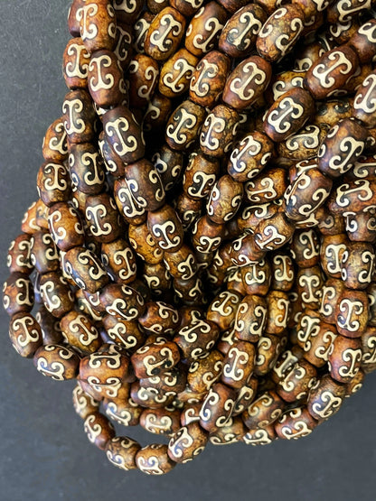Natural Tibetan Gemstone Bead 7x12mm Tube Shape Bead, Brown Hand Painted Tibetan Gemstone Bead 15.5"
