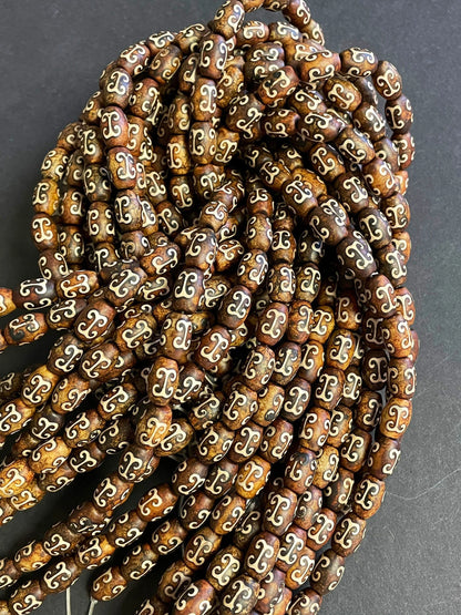 Natural Tibetan Gemstone Bead 7x12mm Tube Shape Bead, Brown Hand Painted Tibetan Gemstone Bead 15.5"