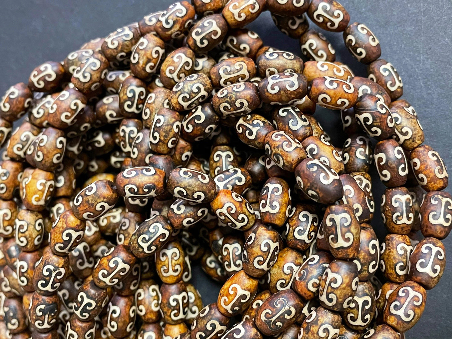 Natural Tibetan Gemstone Bead 7x12mm Tube Shape Bead, Brown Hand Painted Tibetan Gemstone Bead 15.5"