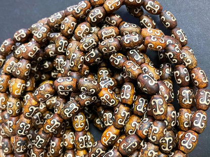 Natural Tibetan Gemstone Bead 7x12mm Tube Shape Bead, Brown Hand Painted Tibetan Gemstone Bead 15.5"
