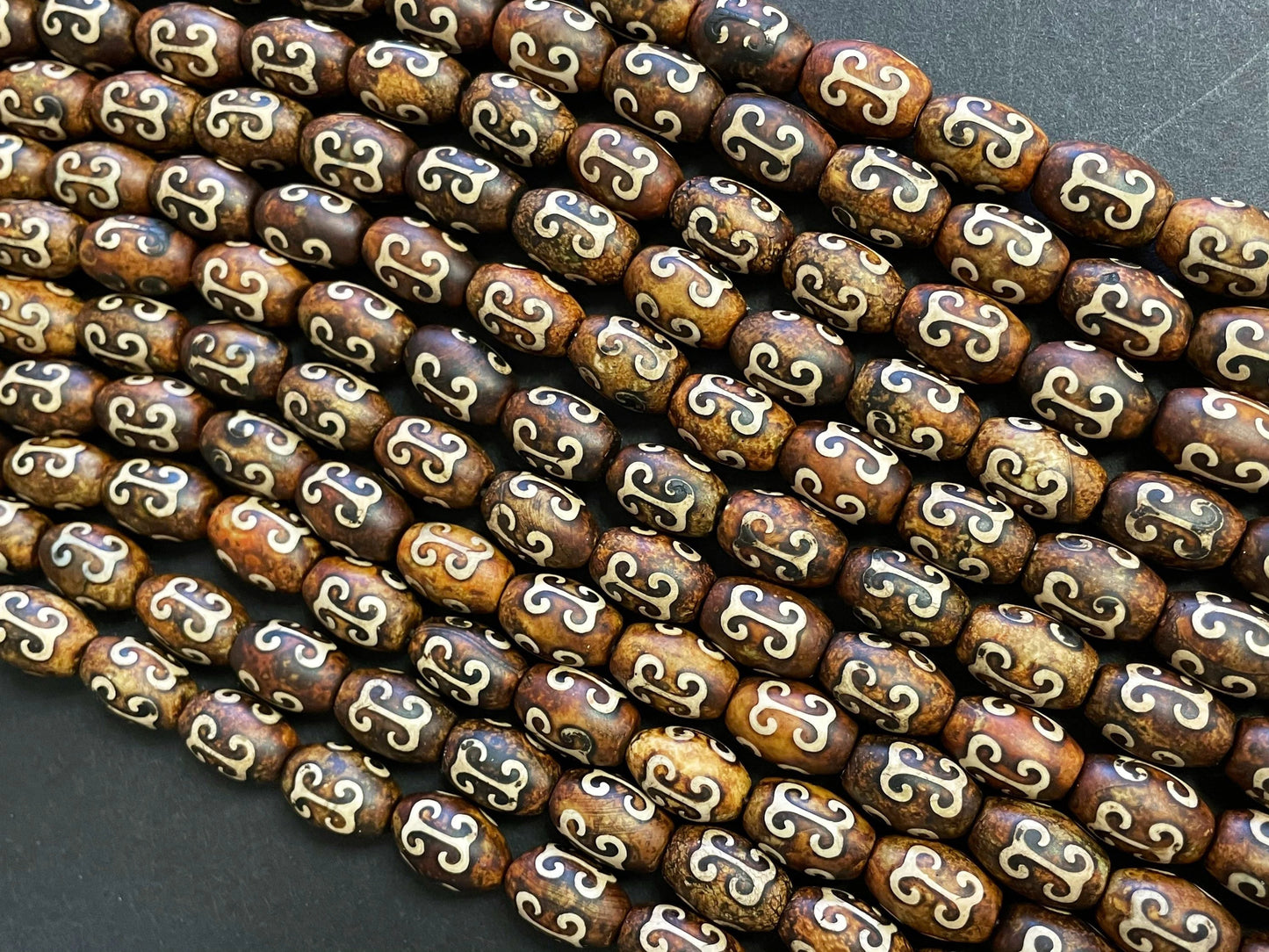 Natural Tibetan Gemstone Bead 7x12mm Tube Shape Bead, Brown Hand Painted Tibetan Gemstone Bead 15.5"