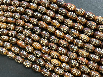 Natural Tibetan Gemstone Bead 7x12mm Tube Shape Bead, Brown Hand Painted Tibetan Gemstone Bead 15.5"