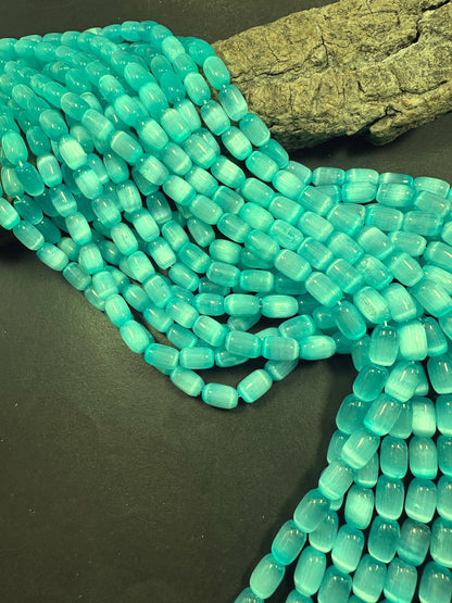 Beautiful Natural Aqua Blue Selenite Tube Shape 12x8mm Gemstone Bead. Stunning Aqua Blue Color, Great Quality 15.5"