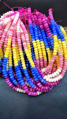 Natural gemstone bead. Multi color jade stone bead. 5x8mm smooth rondelle shape. Rainbow color bead. Excellent quality. Full strand 15.5”