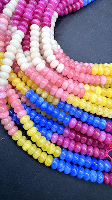 Natural gemstone bead. Multi color jade stone bead. 5x8mm smooth rondelle shape. Rainbow color bead. Excellent quality. Full strand 15.5”