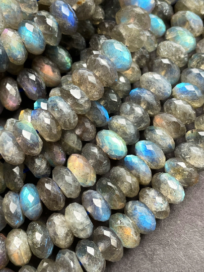 AAA Natural Labradorite Gemstone Bead Faceted 7x3mm 5x8mm 6x9mm Rondelle Shape, Beautiful Natural Gray Color with Blue Rainbow Flash Labradorite Gemstone Bead Full Strand 15.5"