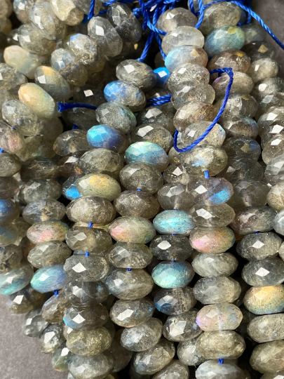 AAA Natural Labradorite Gemstone Bead Faceted 7x3mm 5x8mm 6x9mm Rondelle Shape, Beautiful Natural Gray Color with Blue Rainbow Flash Labradorite Gemstone Bead Full Strand 15.5"