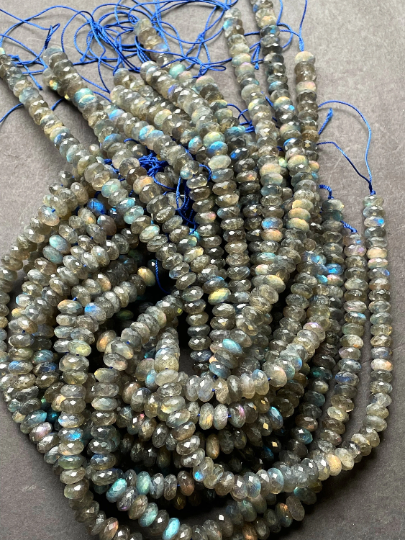 AAA Natural Labradorite Gemstone Bead Faceted 7x3mm 5x8mm 6x9mm Rondelle Shape, Beautiful Natural Gray Color with Blue Rainbow Flash Labradorite Gemstone Bead Full Strand 15.5"