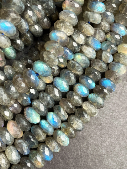 AAA Natural Labradorite Gemstone Bead Faceted 7x3mm 5x8mm 6x9mm Rondelle Shape, Beautiful Natural Gray Color with Blue Rainbow Flash Labradorite Gemstone Bead Full Strand 15.5"