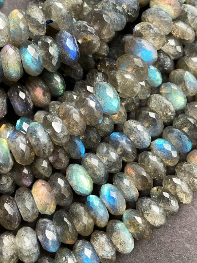 AAA Natural Labradorite Gemstone Bead Faceted 7x3mm 5x8mm 6x9mm Rondelle Shape, Beautiful Natural Gray Color with Blue Rainbow Flash Labradorite Gemstone Bead Full Strand 15.5"