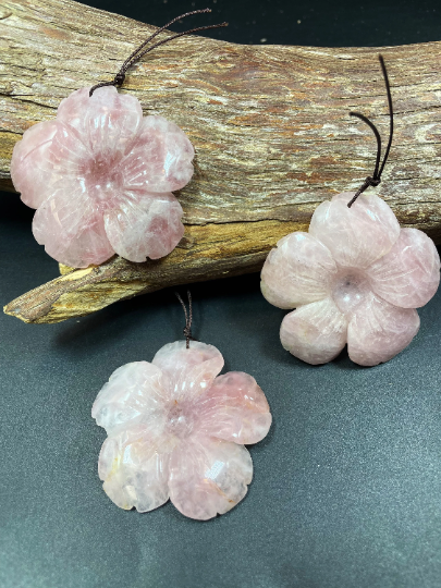 Hand Carved Rose Quartz Flower Pendant, Handmade Gemstone Pendant, 50mm Natural Pink Rose Quartz Gemstone Pendant