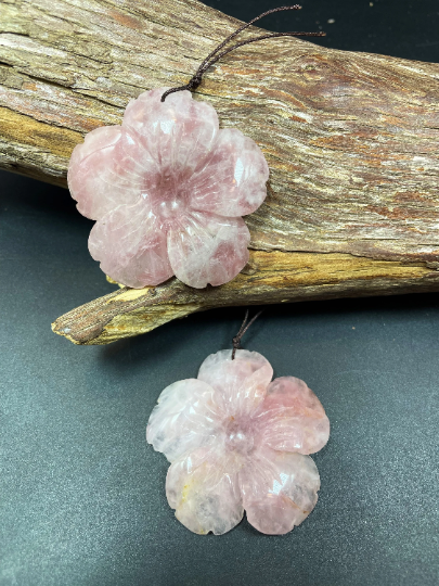 Hand Carved Rose Quartz Flower Pendant, Handmade Gemstone Pendant, 50mm Natural Pink Rose Quartz Gemstone Pendant