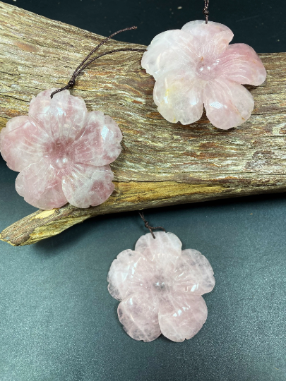 Hand Carved Rose Quartz Flower Pendant, Handmade Gemstone Pendant, 50mm Natural Pink Rose Quartz Gemstone Pendant