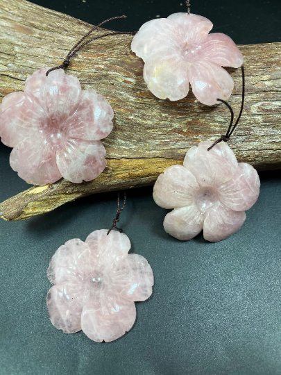 Hand Carved Rose Quartz Flower Pendant, Handmade Gemstone Pendant, 50mm Natural Pink Rose Quartz Gemstone Pendant