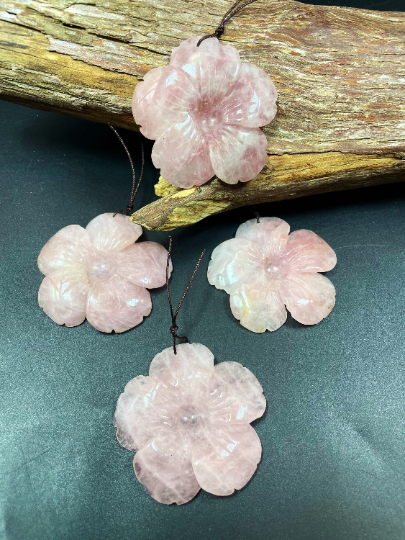 Hand Carved Rose Quartz Flower Pendant, Handmade Gemstone Pendant, 50mm Natural Pink Rose Quartz Gemstone Pendant