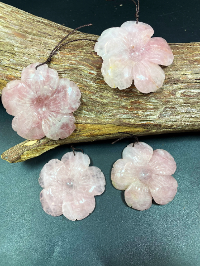 Hand Carved Rose Quartz Flower Pendant, Handmade Gemstone Pendant, 50mm Natural Pink Rose Quartz Gemstone Pendant