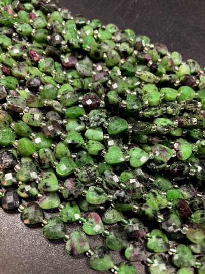 Natural Ruby Zoisite Gemstone Bead Faceted 8mm Heart Shape Bead. Beautiful Natural Green Ruby Red Color Zoisite Gemstone, Full Strand 15.5