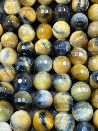 AAA Natural Blue Yellow Tiger Eye Gemstone Round Bead. Faceted 6mm 8mm 10mm 12mm Round Bead. Natural Blue Honey Yellow Color Gemstone Bead