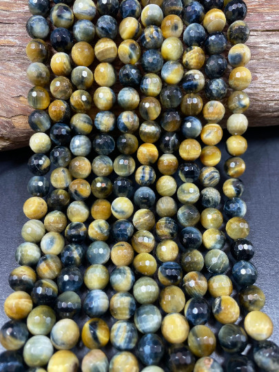 AAA Natural Blue Yellow Tiger Eye Gemstone Round Bead. Faceted 6mm 8mm 10mm 12mm Round Bead. Natural Blue Honey Yellow Color Gemstone Bead