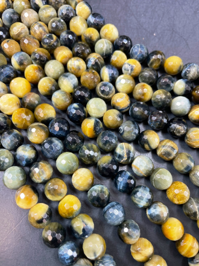 AAA Natural Blue Yellow Tiger Eye Gemstone Round Bead. Faceted 6mm 8mm 10mm 12mm Round Bead. Natural Blue Honey Yellow Color Gemstone Bead