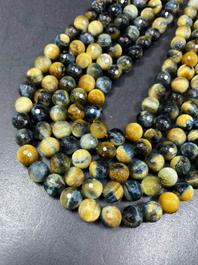 AAA Natural Blue Yellow Tiger Eye Gemstone Round Bead. Faceted 6mm 8mm 10mm 12mm Round Bead. Natural Blue Honey Yellow Color Gemstone Bead