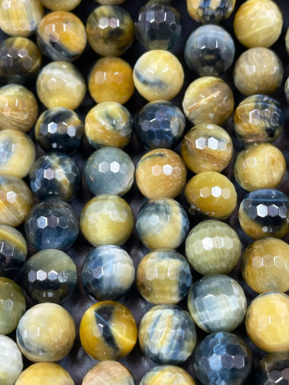 AAA Natural Blue Yellow Tiger Eye Gemstone Round Bead. Faceted 6mm 8mm 10mm 12mm Round Bead. Natural Blue Honey Yellow Color Gemstone Bead