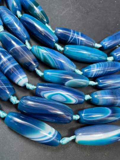 AAA Natural Blue Botswana Agate Gemstone Bead 14x40mm Barrel Shape. Gorgeous Blue Color Botswana Agate Gemstone Bead