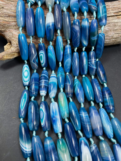 AAA Natural Blue Botswana Agate Gemstone Bead 14x40mm Barrel Shape. Gorgeous Blue Color Botswana Agate Gemstone Bead