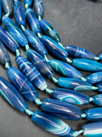 AAA Natural Blue Botswana Agate Gemstone Bead 14x40mm Barrel Shape. Gorgeous Blue Color Botswana Agate Gemstone Bead